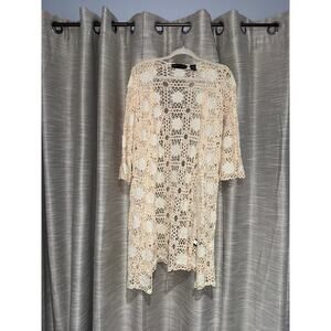Dana Buchman Small Crochet Boho Open Front Cardigan Cream Lace Knit Duster